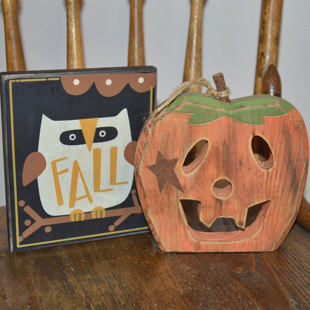 4/$20 Halloween Jack 'O Lantern~Autumn/Fall Owl set of 2 Wood Decorations